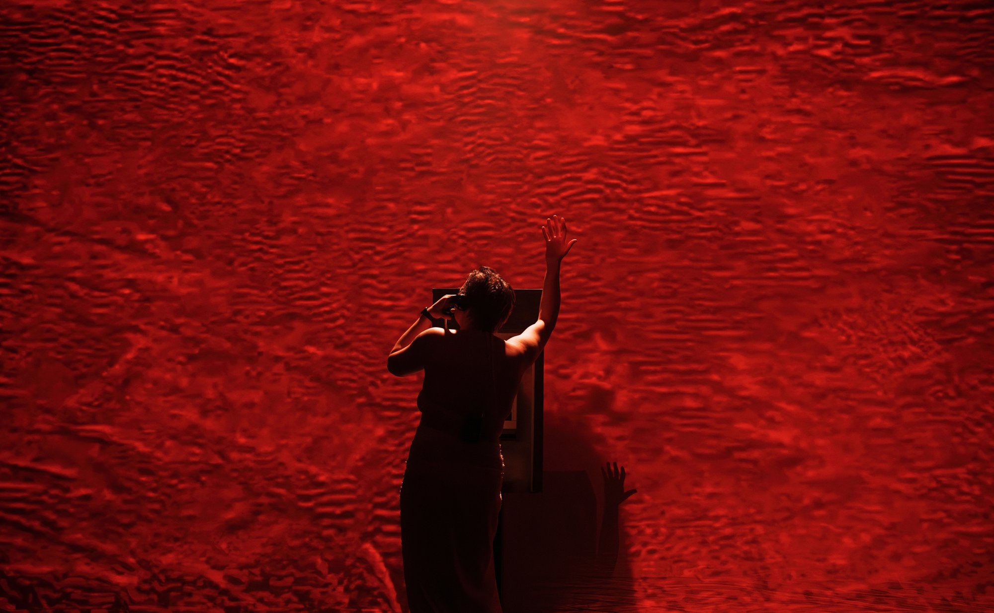 A single person stands near the center of the image, viewed mostly from behind and slightly in silhouette.
