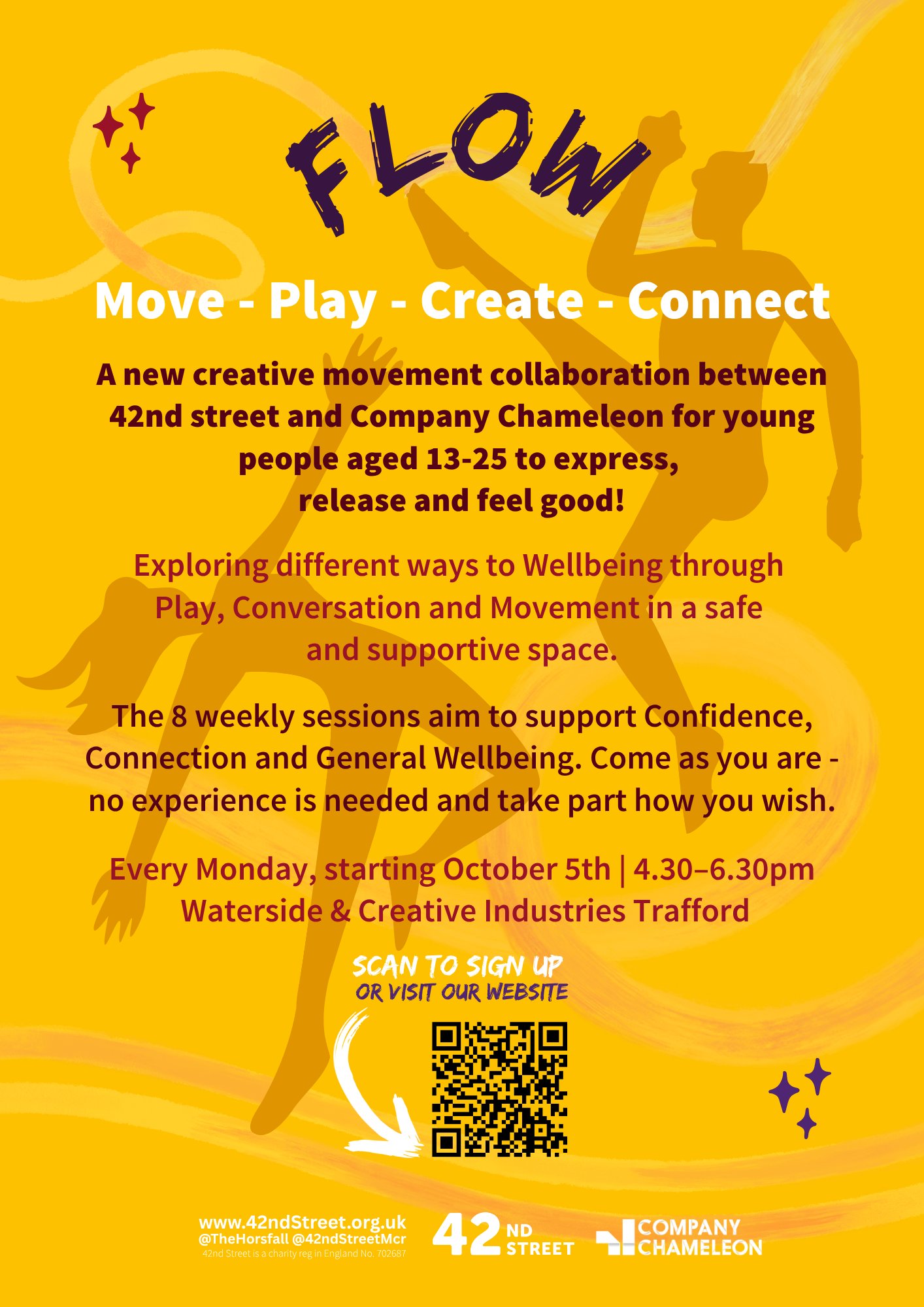 A yellow background with a couple of dancers, some text and a QR code