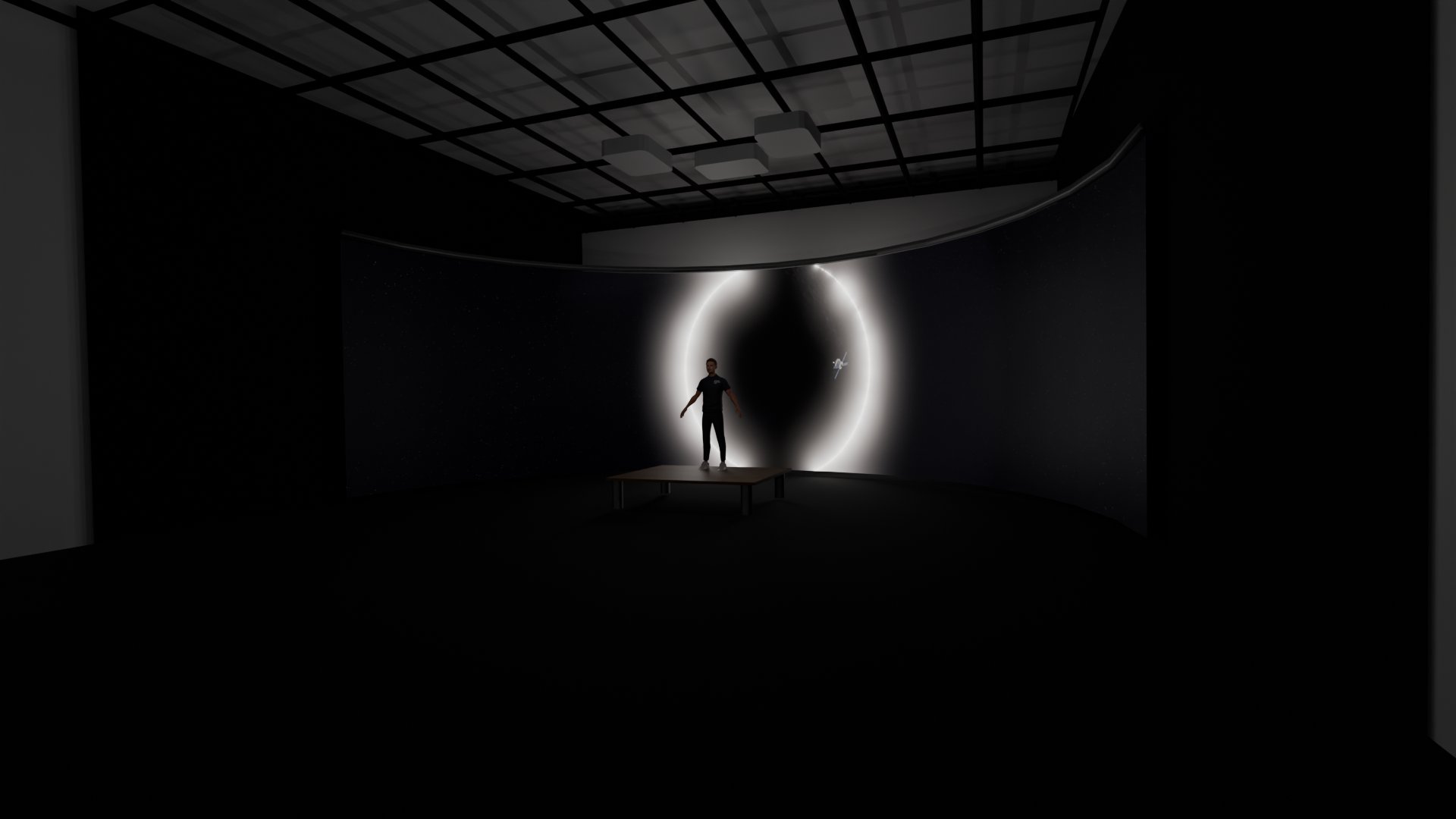 A person stands on a small platform within a dark immersive installation with a glowing eclipse-like image against a star-filled backdrop.