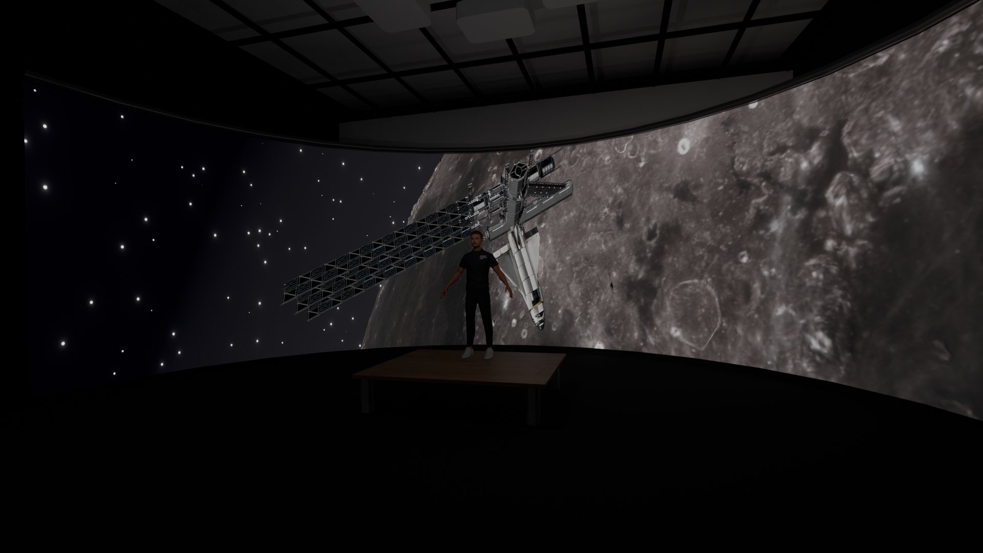 Dark figure stood in front of a panoramic space backdrop