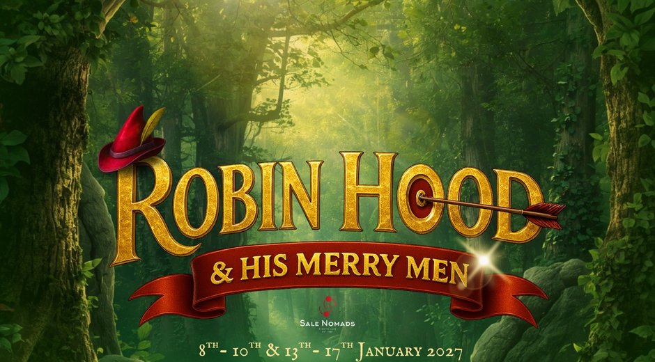 Green forest in the middle of England with 'Robin Hood' title in gold with an arrow and a little hat