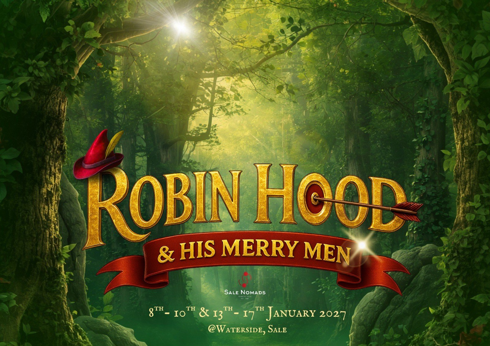 Green forest in the middle of England with 'Robin Hood' title in gold with an arrow and a little hat