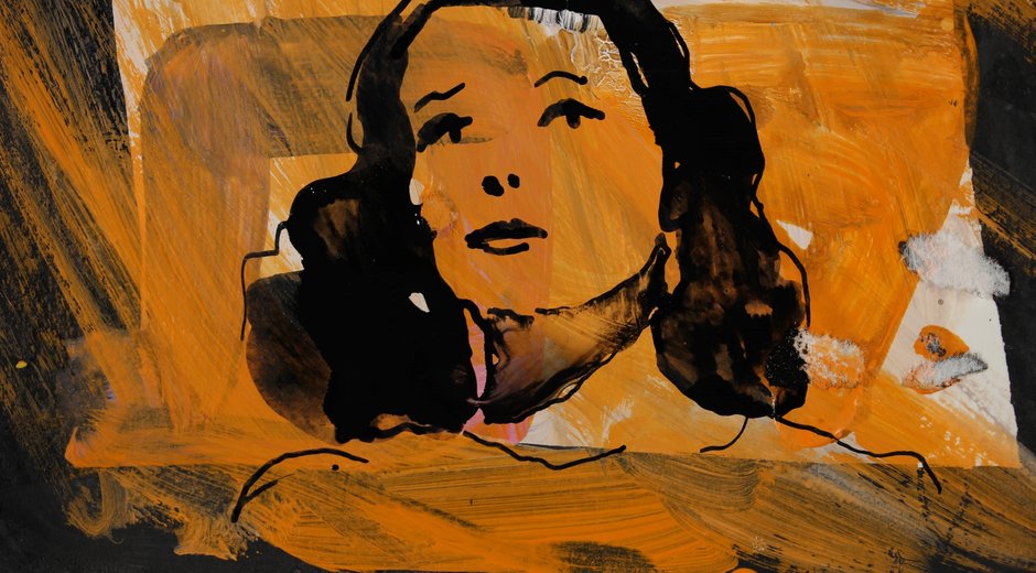 an abstract portrait painting created with bold, expressive brushstrokes and ink-like marks.