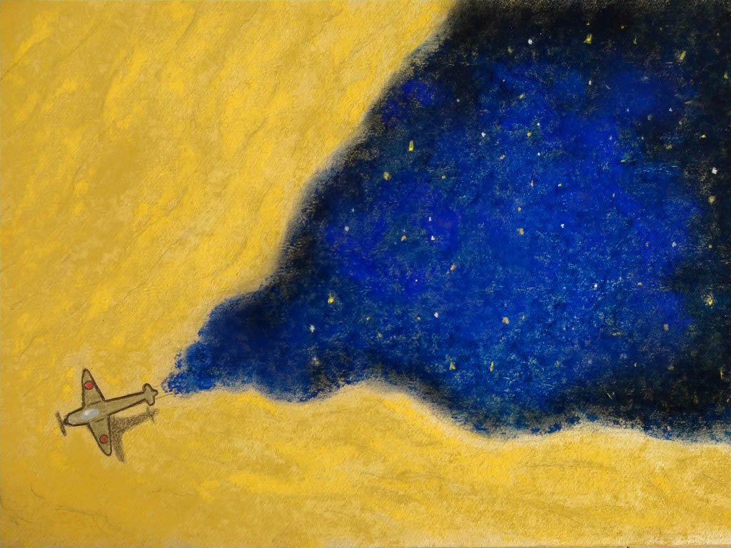 A plane flying through stars