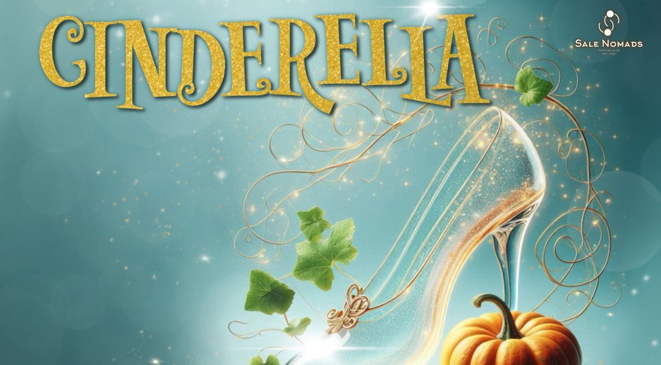 A pumpkin and a shoe with the word Cindarella in bold font
