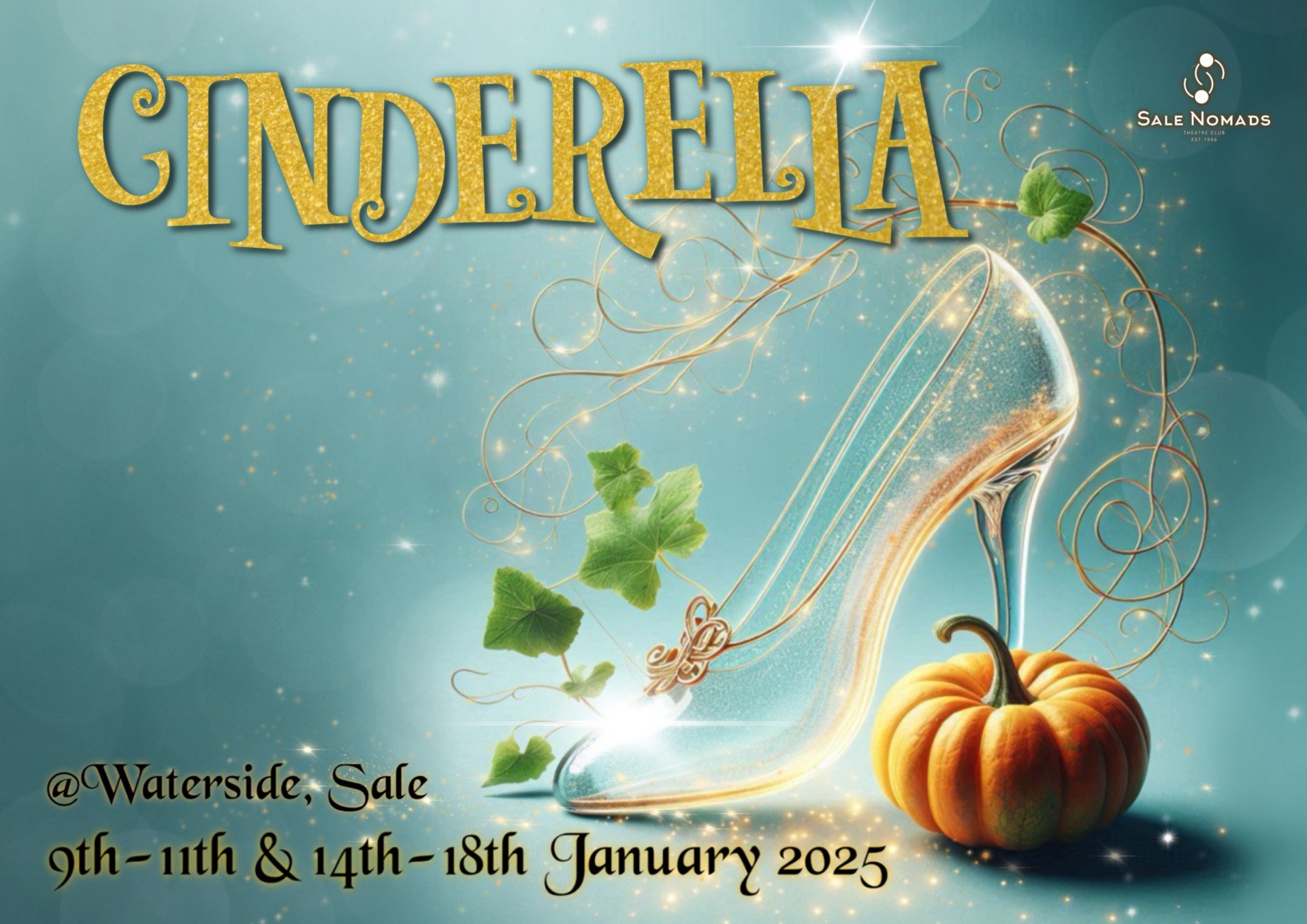 A pumpkin and a shoe with the word Cindarella in bold font