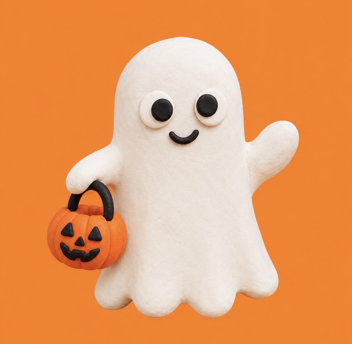 Small white clay ghost carrying pumpkin lantern